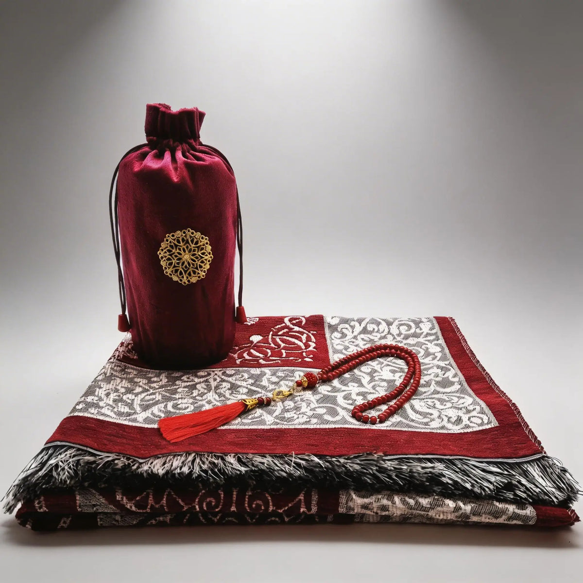 Set de regalo con alfombra de rezo de chenilla, tasbih y bolsa