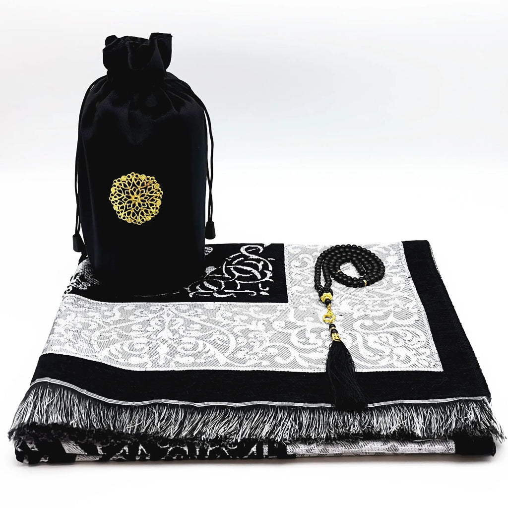 Set de regalo con alfombra de rezo de chenilla, tasbih y bolsa
