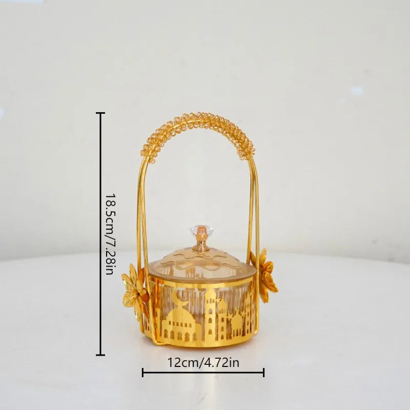 Cesta dorada con asa y cuenco de vidrio — 18,5 cm