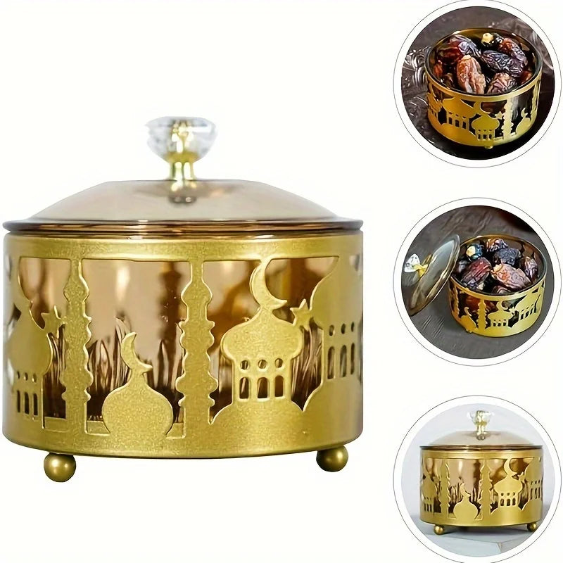 Caja para dulces de metal dorado calado — motivo de mezquita