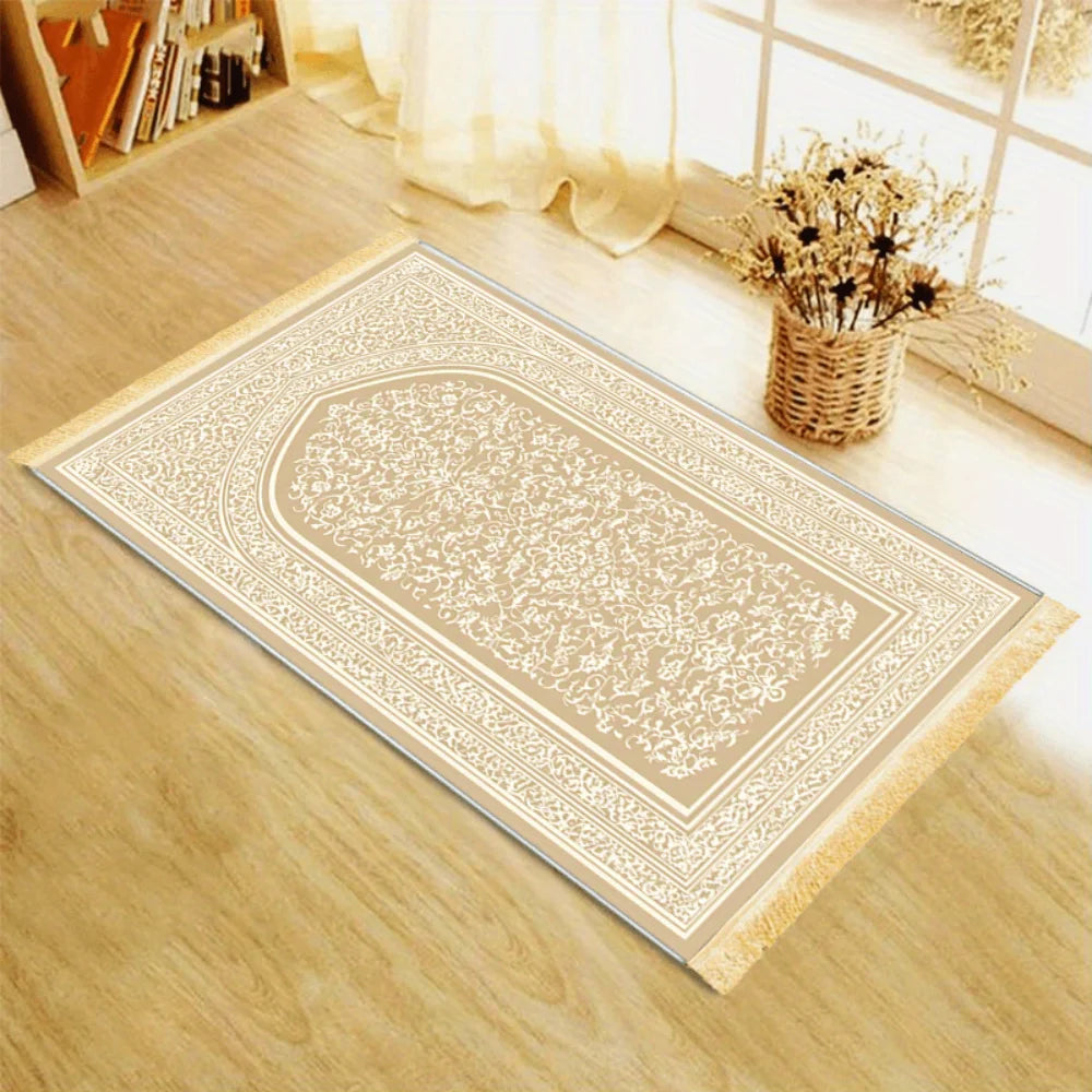 Alfombra de rezo crema con motivo bordado — plegable y antideslizante