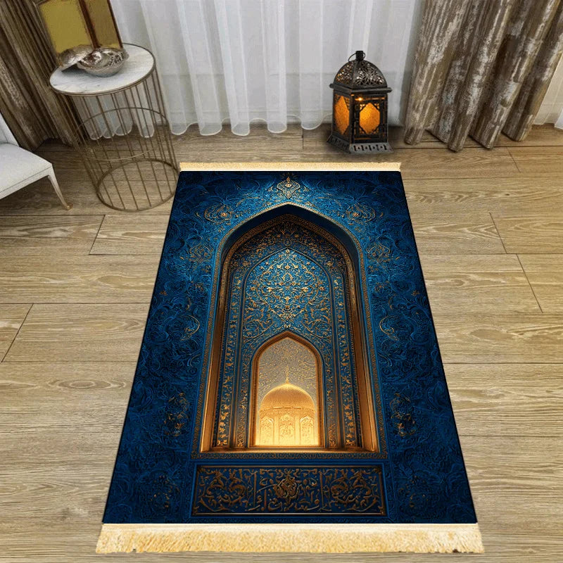 Alfombra de rezo con arco azul noche y dorado — plegable