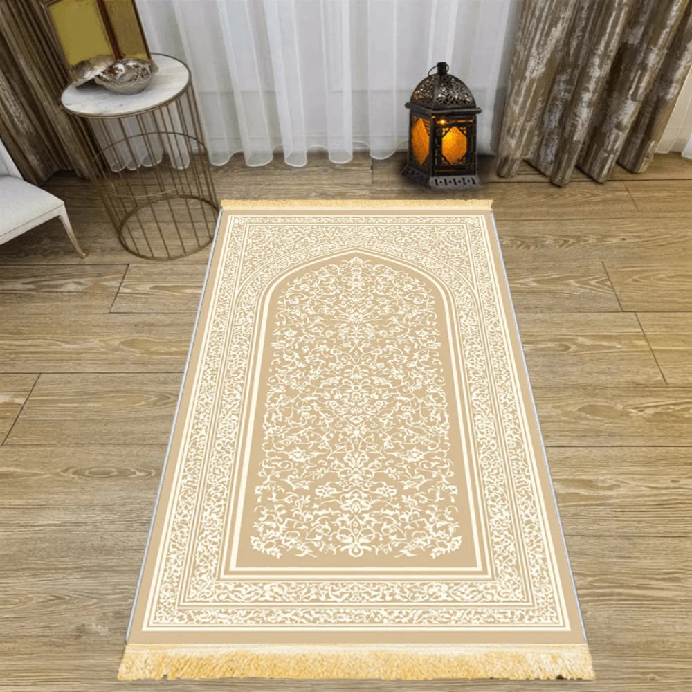 Alfombra de rezo crema con motivo bordado — plegable y antideslizante