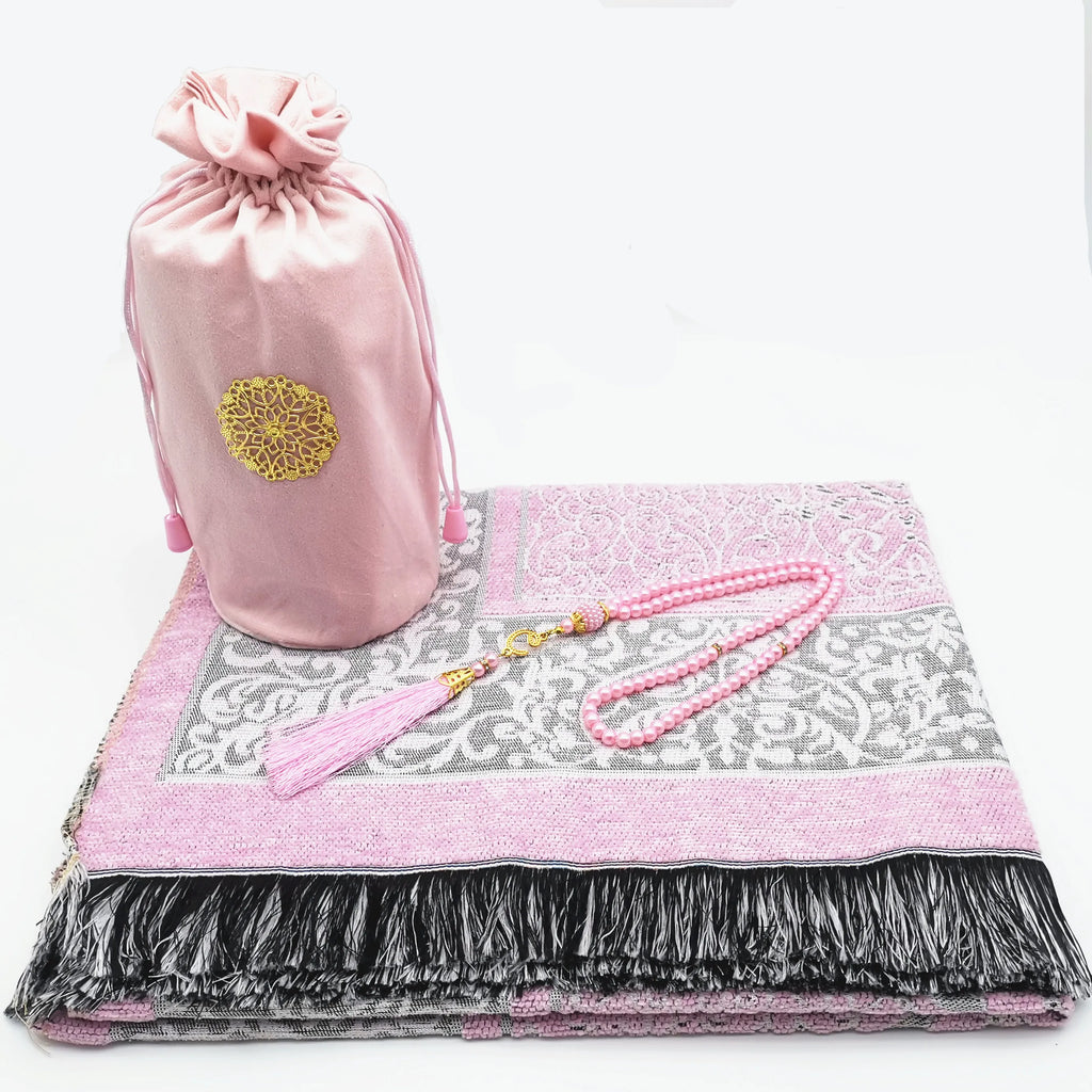 Set de regalo con alfombra de rezo de chenilla, tasbih y bolsa