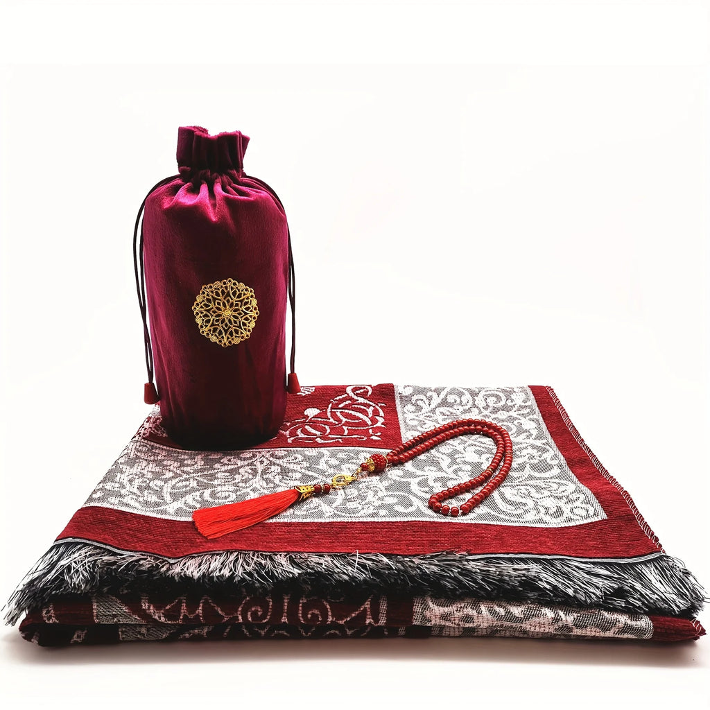 Set de regalo con alfombra de rezo de chenilla, tasbih y bolsa