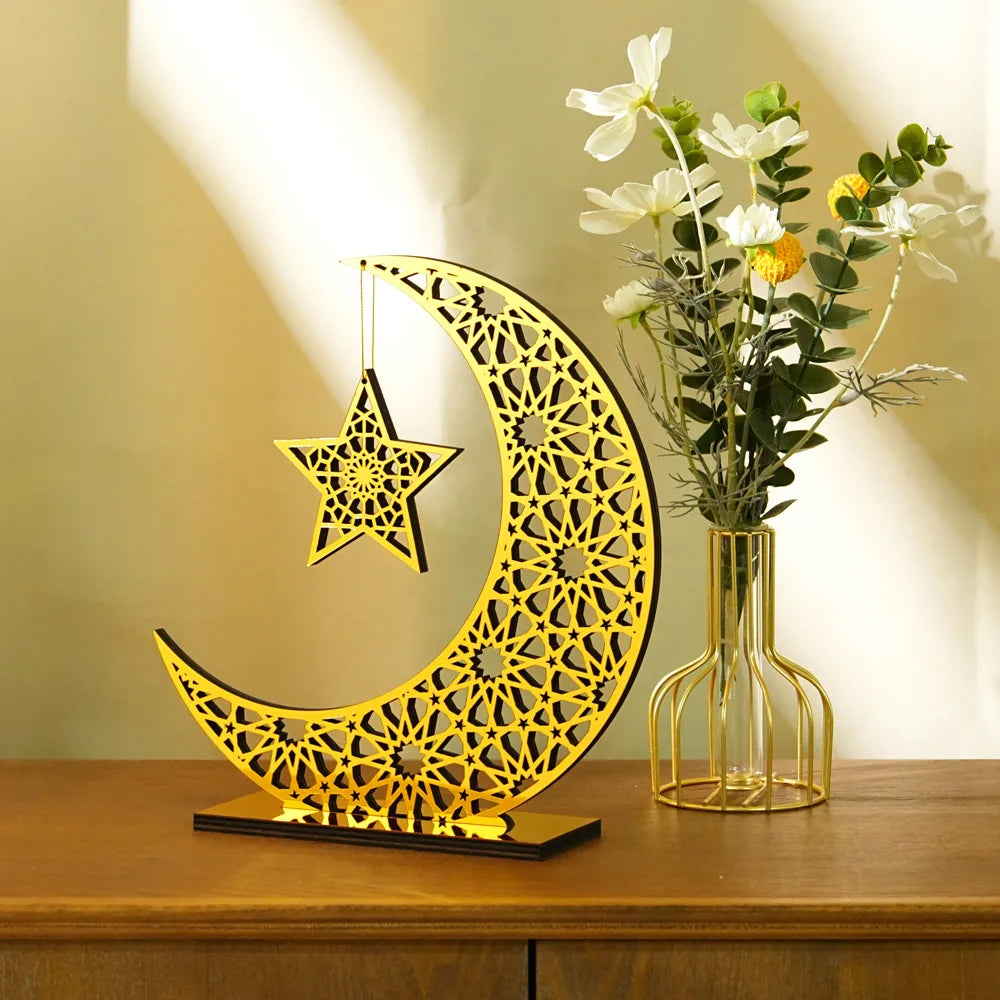 Luna creciente y estrella doradas caladas — sobremesa, 26 cm