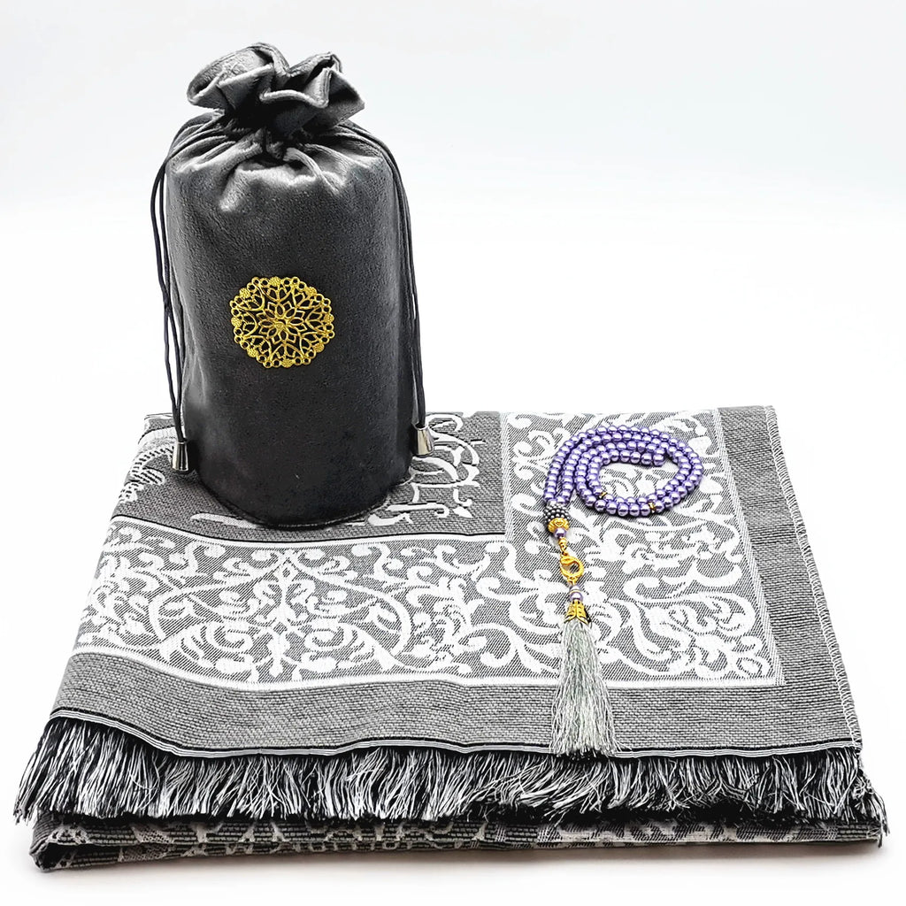 Set de regalo con alfombra de rezo de chenilla, tasbih y bolsa