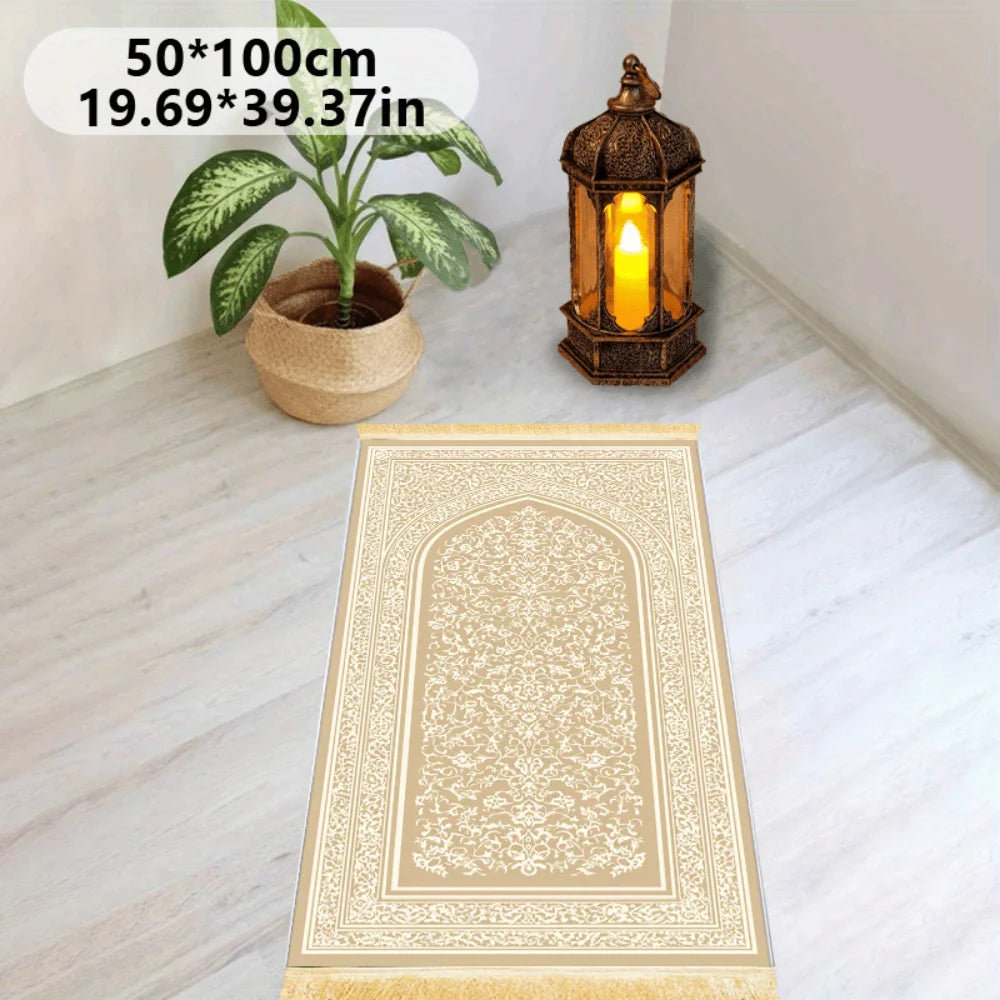 Alfombra de rezo crema con motivo bordado — plegable y antideslizante