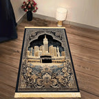 Alfombra de rezo con la Kaaba — negra y dorada, plegable
