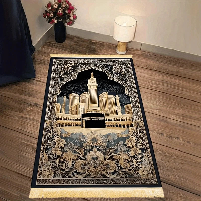 Alfombra de rezo con la Kaaba — negra y dorada, plegable