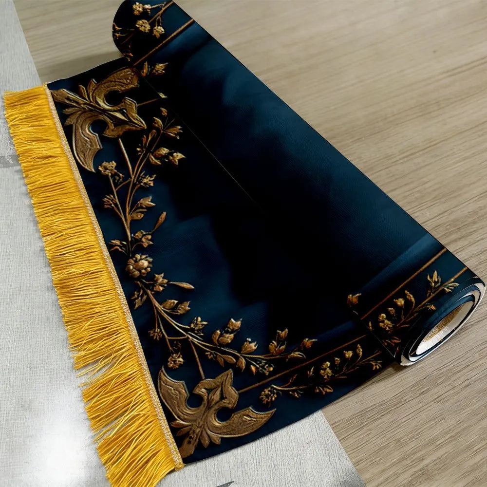 Alfombra de rezo azul petróleo con detalles dorados — terciopelo