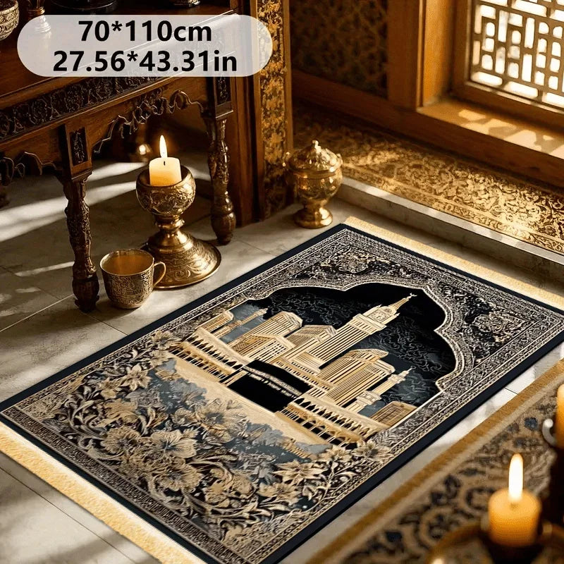 Alfombra de rezo con la Kaaba — negra y dorada, plegable