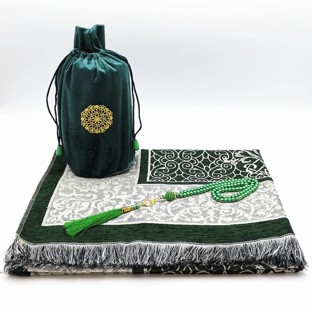 Set de regalo con alfombra de rezo de chenilla, tasbih y bolsa