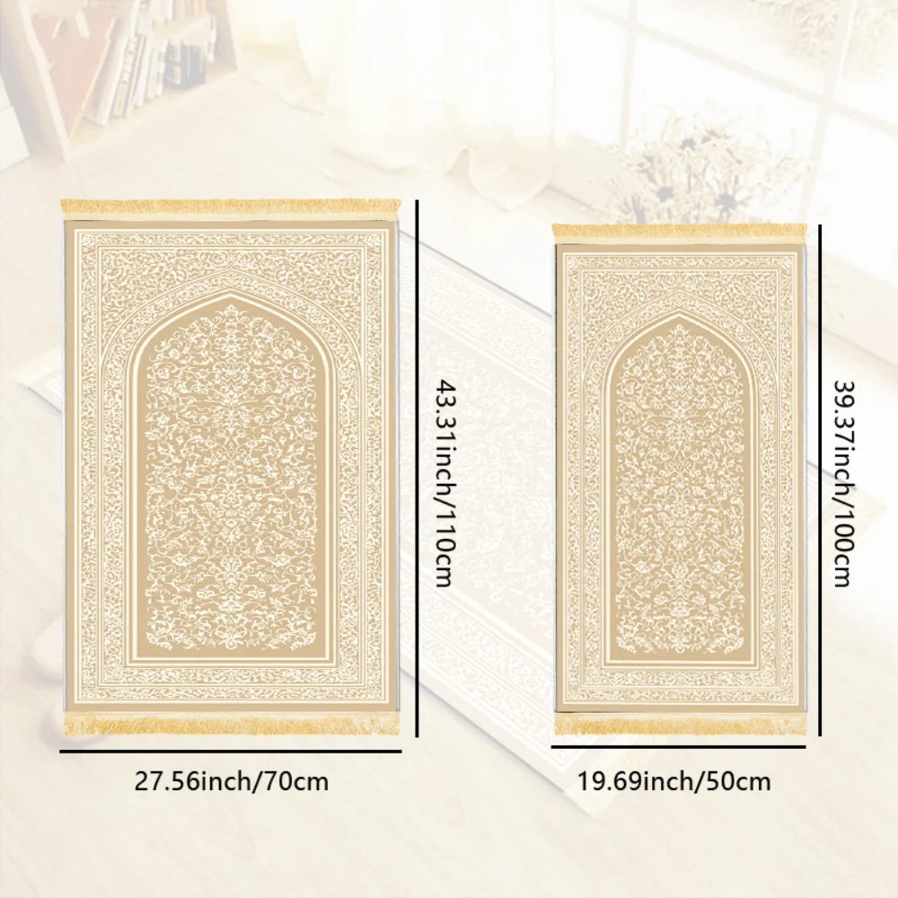 Alfombra de rezo crema con motivo bordado — plegable y antideslizante
