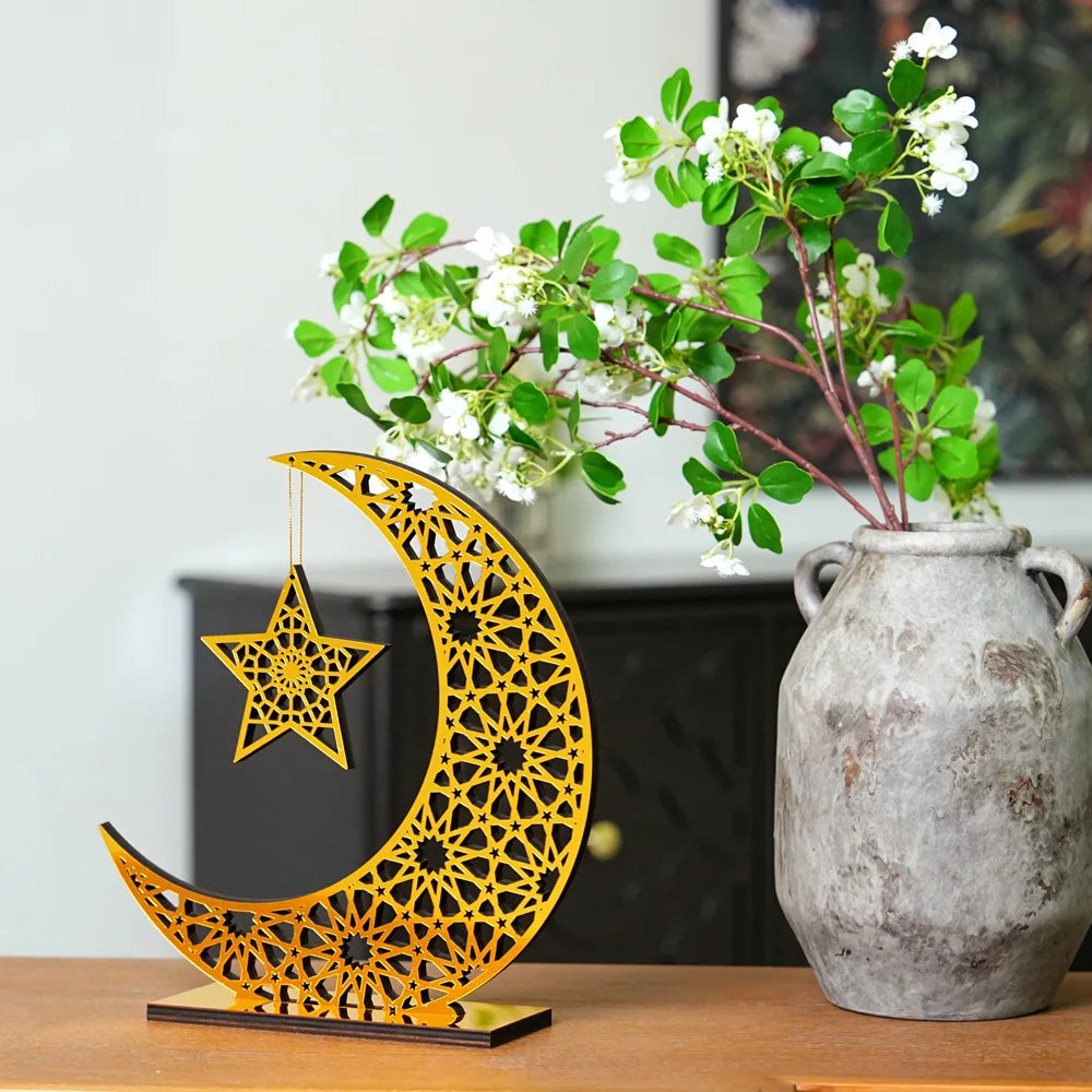 Luna creciente y estrella doradas caladas — sobremesa, 26 cm