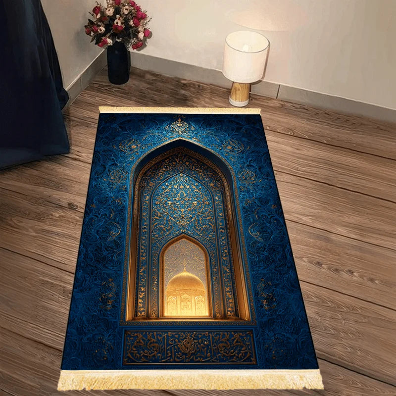 Alfombra de rezo con arco azul noche y dorado — plegable