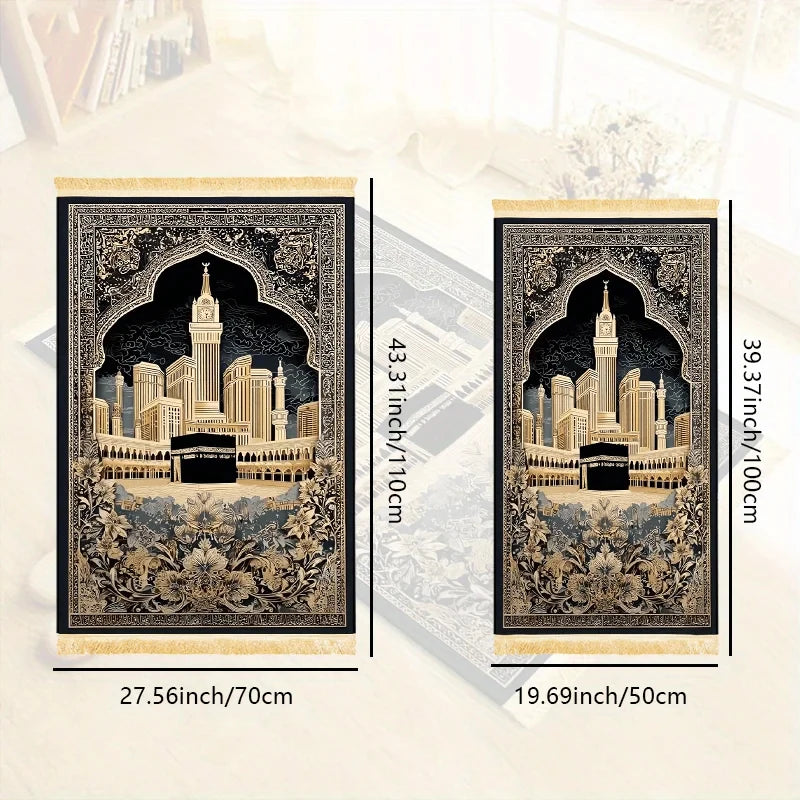 Alfombra de rezo con la Kaaba — negra y dorada, plegable