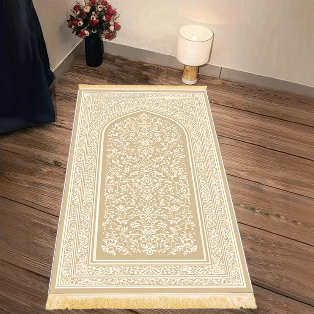 Alfombra de rezo crema con motivo bordado — plegable y antideslizante