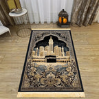 Alfombra de rezo con la Kaaba — negra y dorada, plegable