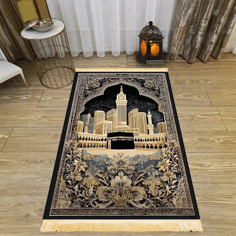 Alfombra de rezo con la Kaaba — negra y dorada, plegable