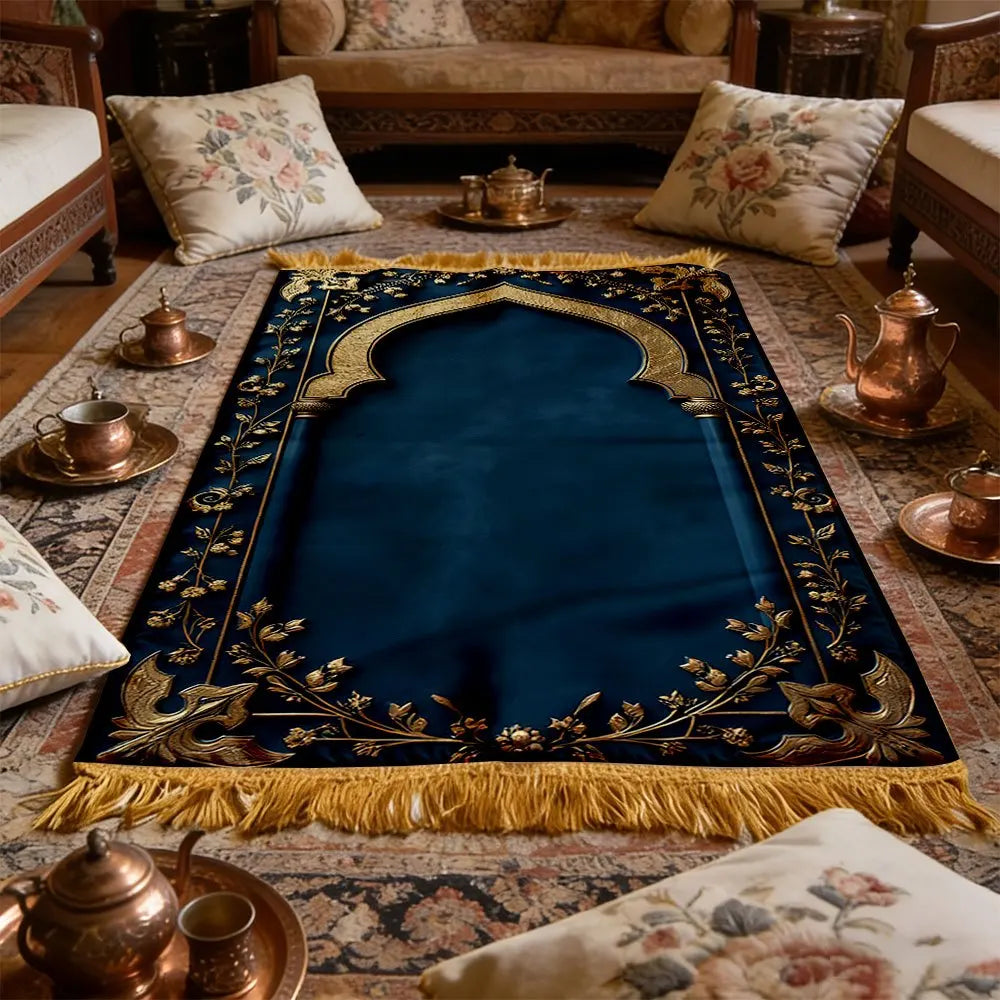 Alfombra de rezo azul petróleo con detalles dorados — terciopelo