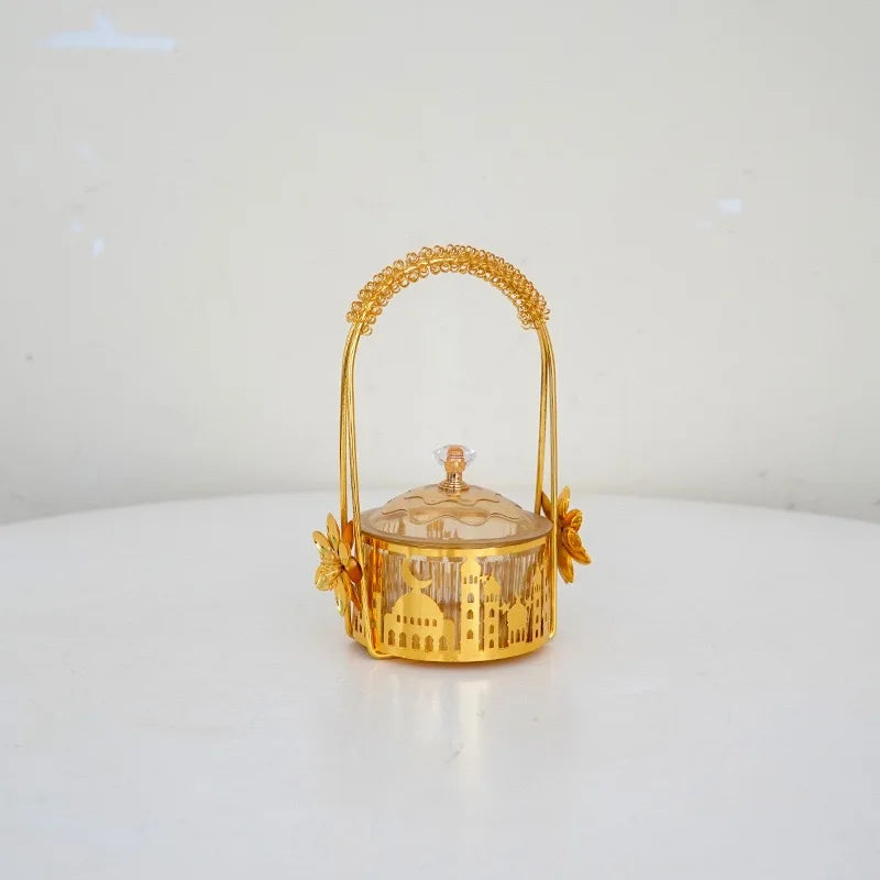 Cesta dorada con asa y cuenco de vidrio — 18,5 cm