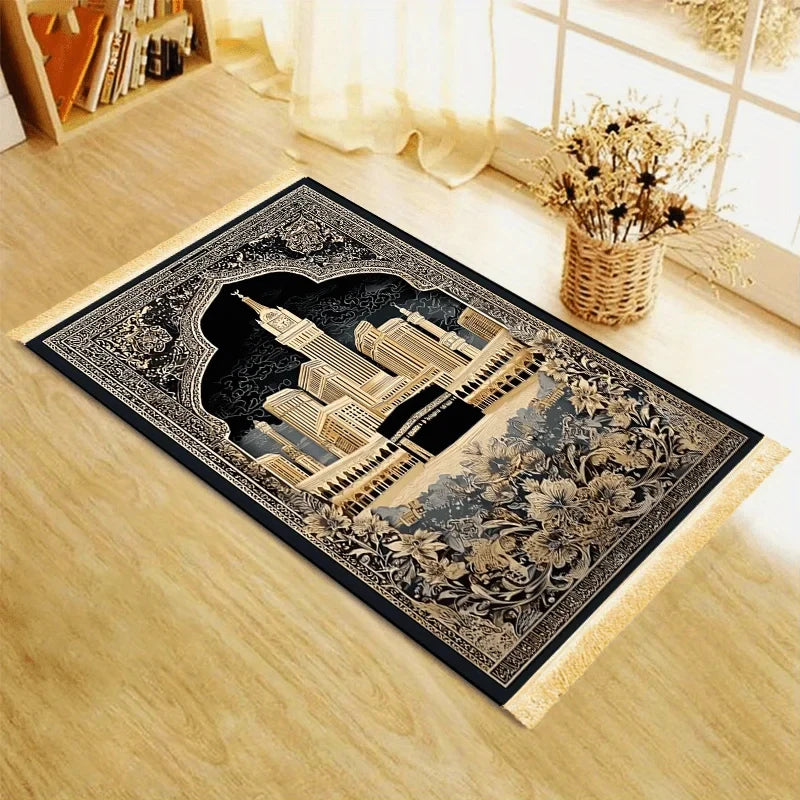 Alfombra de rezo con la Kaaba — negra y dorada, plegable