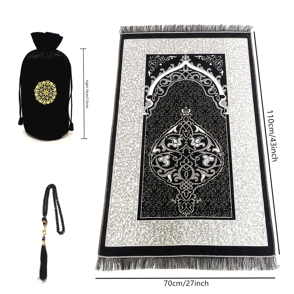 Set de regalo con alfombra de rezo de chenilla, tasbih y bolsa