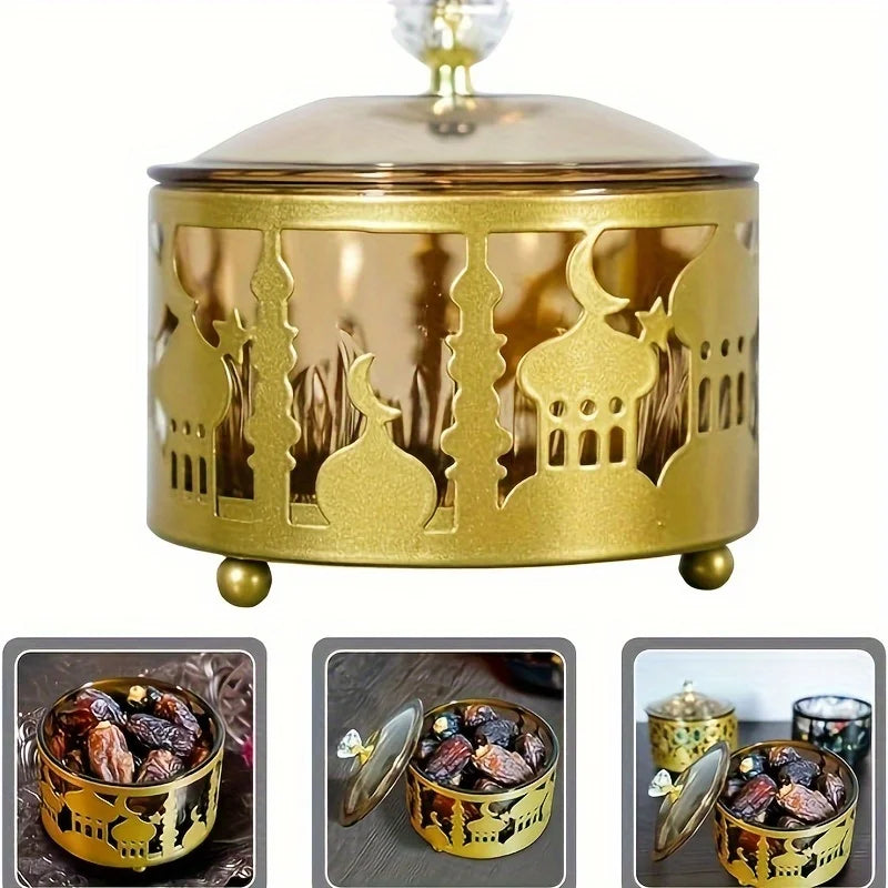 Caja para dulces de metal dorado calado — motivo de mezquita